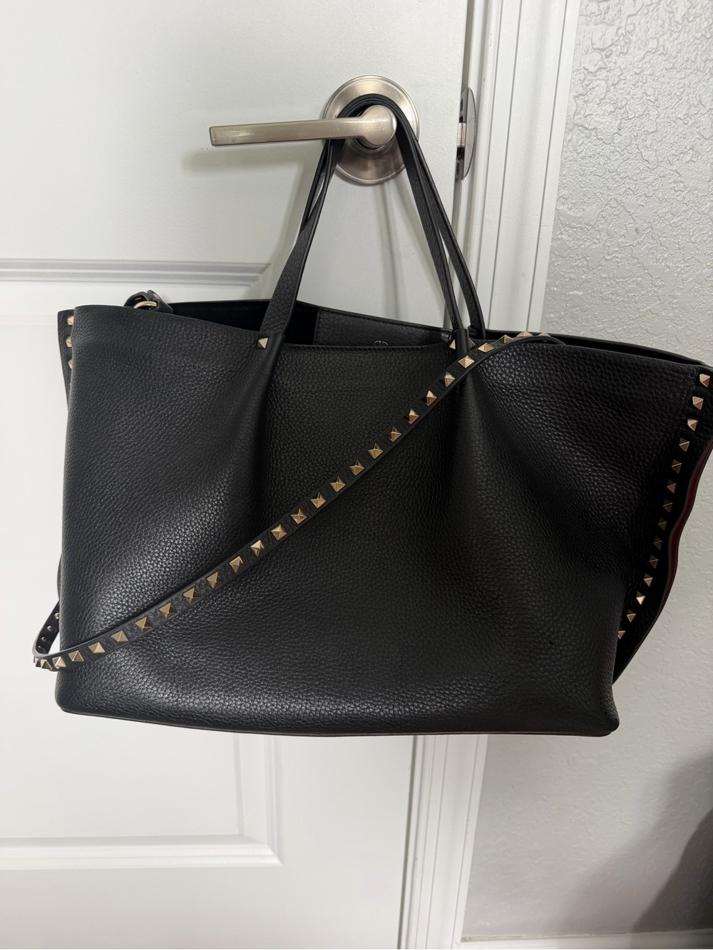 Valentino Garavani Black Rockstud Leather Tote with Gold Accents